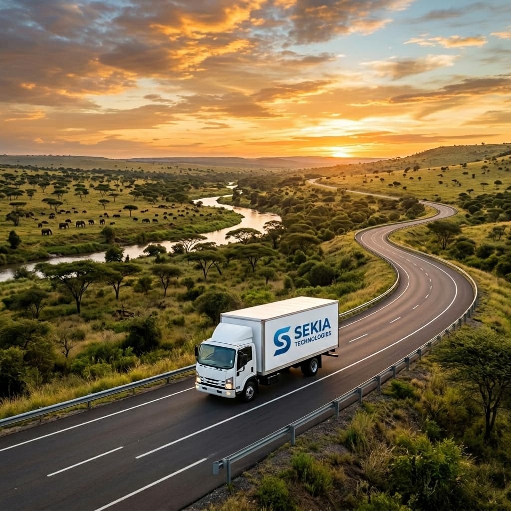 Camion de fret Sekia traversant un paysage de savane africaine au coucher du soleil.
